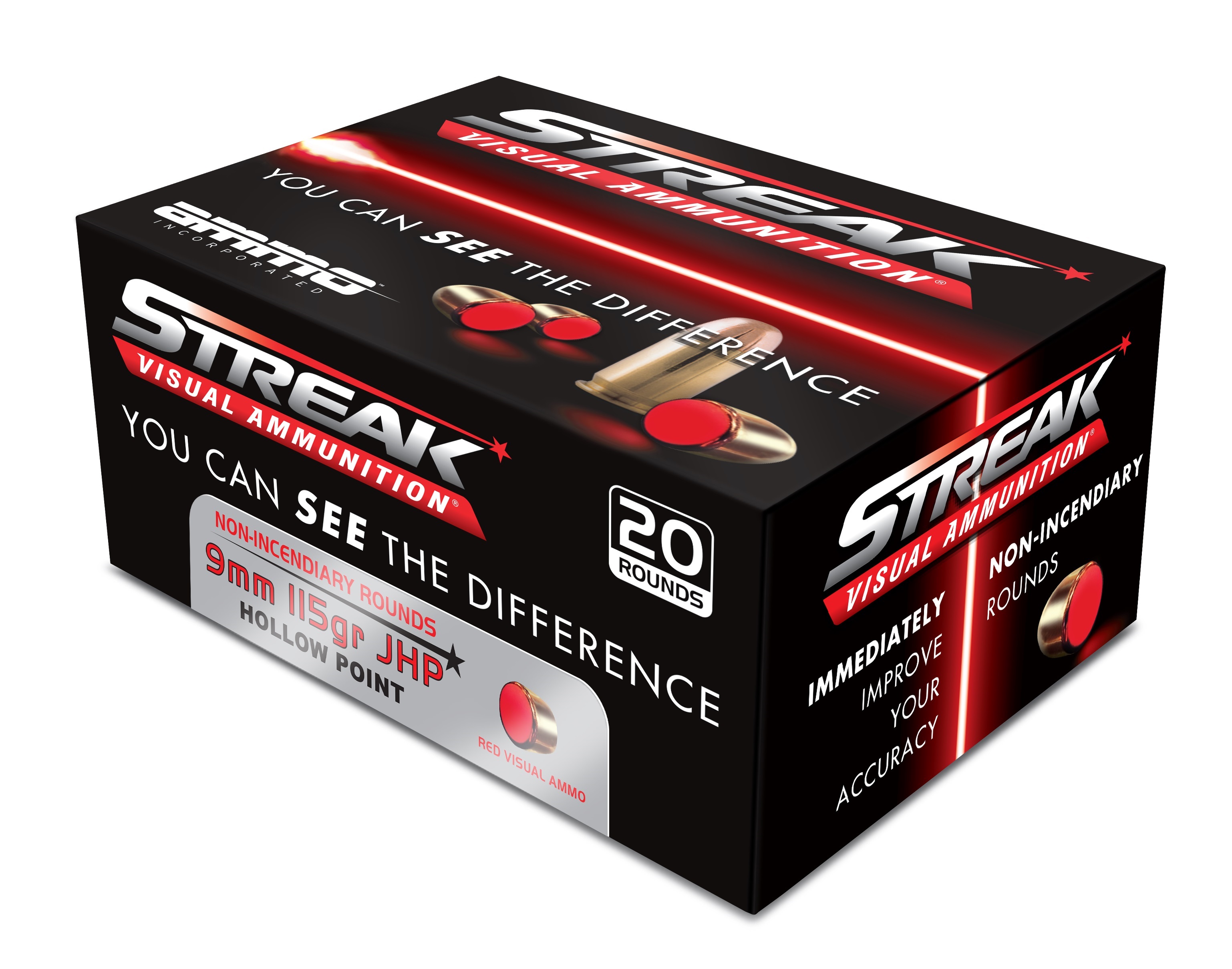 Ammo Inc STREAK Defense 9mm Luger Handgun Ammo - 115 Grain | JHP | Red | 20rd Box