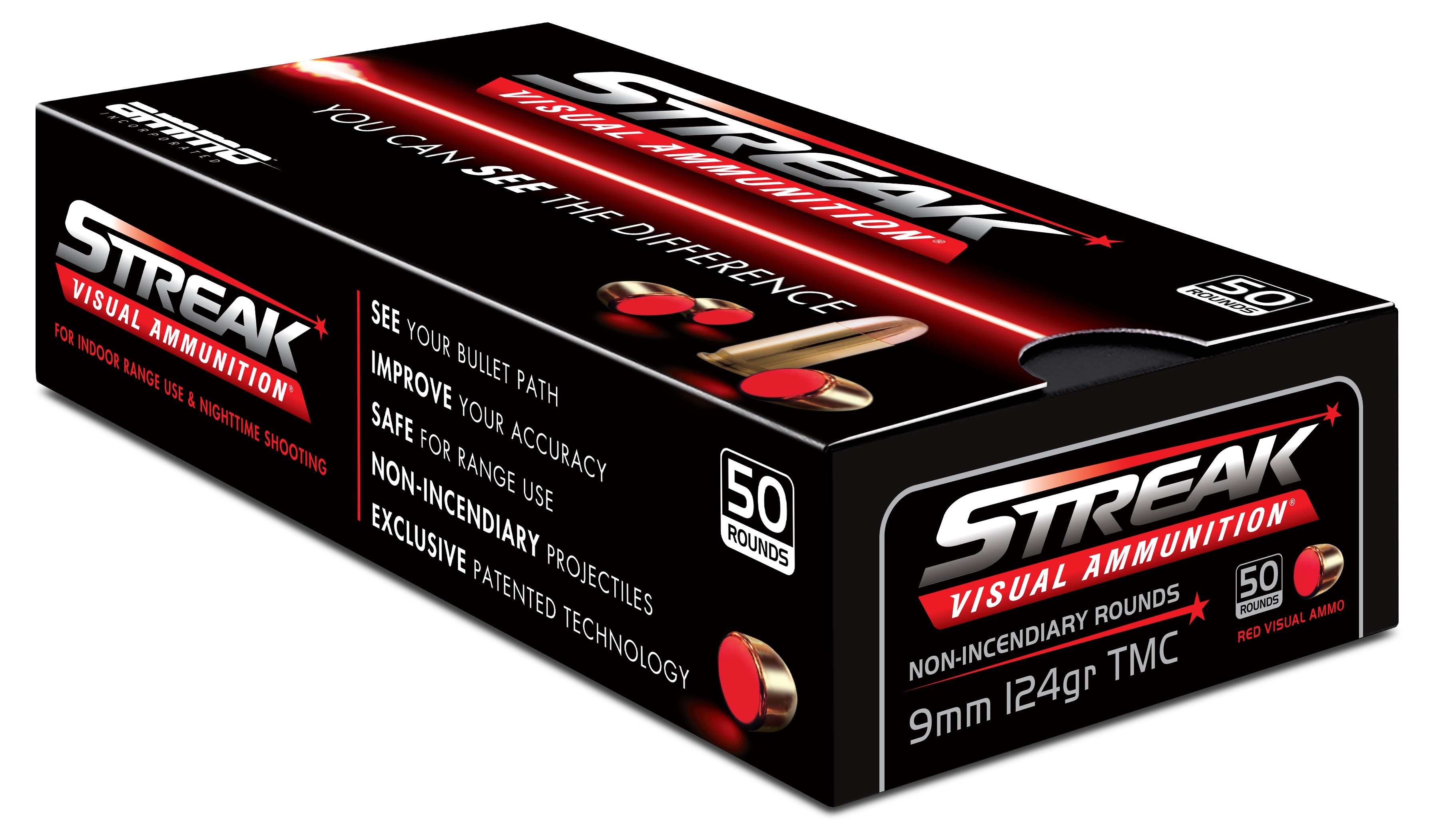 Ammo Inc STREAK Target 9mm Luger Handgun Ammo - 124 Grain | TMC | Red | 50rd Box