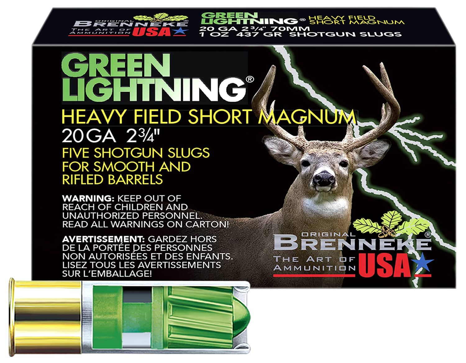 Brenneke SL202HFSGL Green Lightning Heavy Field Short Magnum 20Gauge 2.75" 1oz Slug Shot 5 Per Box/50 Case