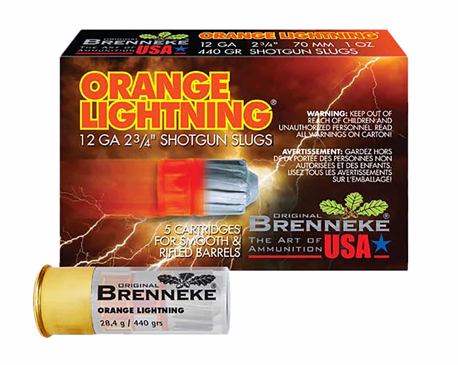 Brenneke SL122OL Orange Lightning 12Gauge 2.75" 1oz Slug Shot 5 Per Box/50 Case