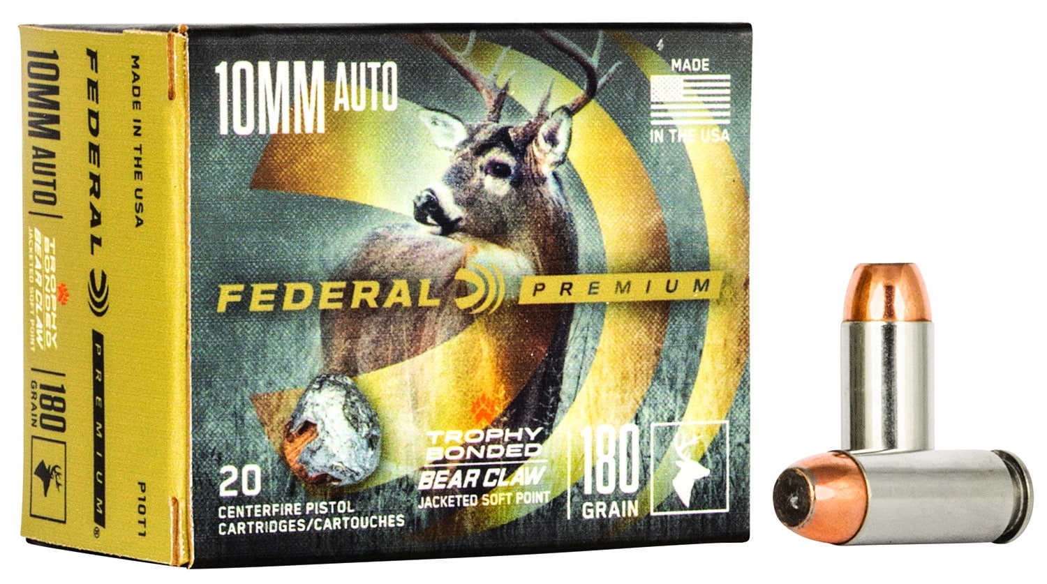 Federal P10T1 Premium 10mmAuto 180gr Trophy Bonded Bear Claw Jacketed Soft Point 20 Per Box/10 Case